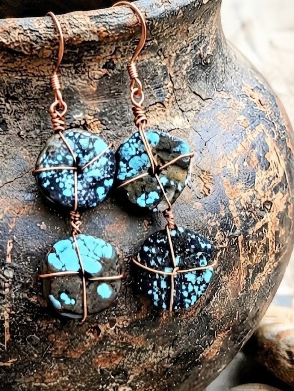 Natural Blue Green Turquoise Discs in Rustic Artisan-Made Earrings in Copper